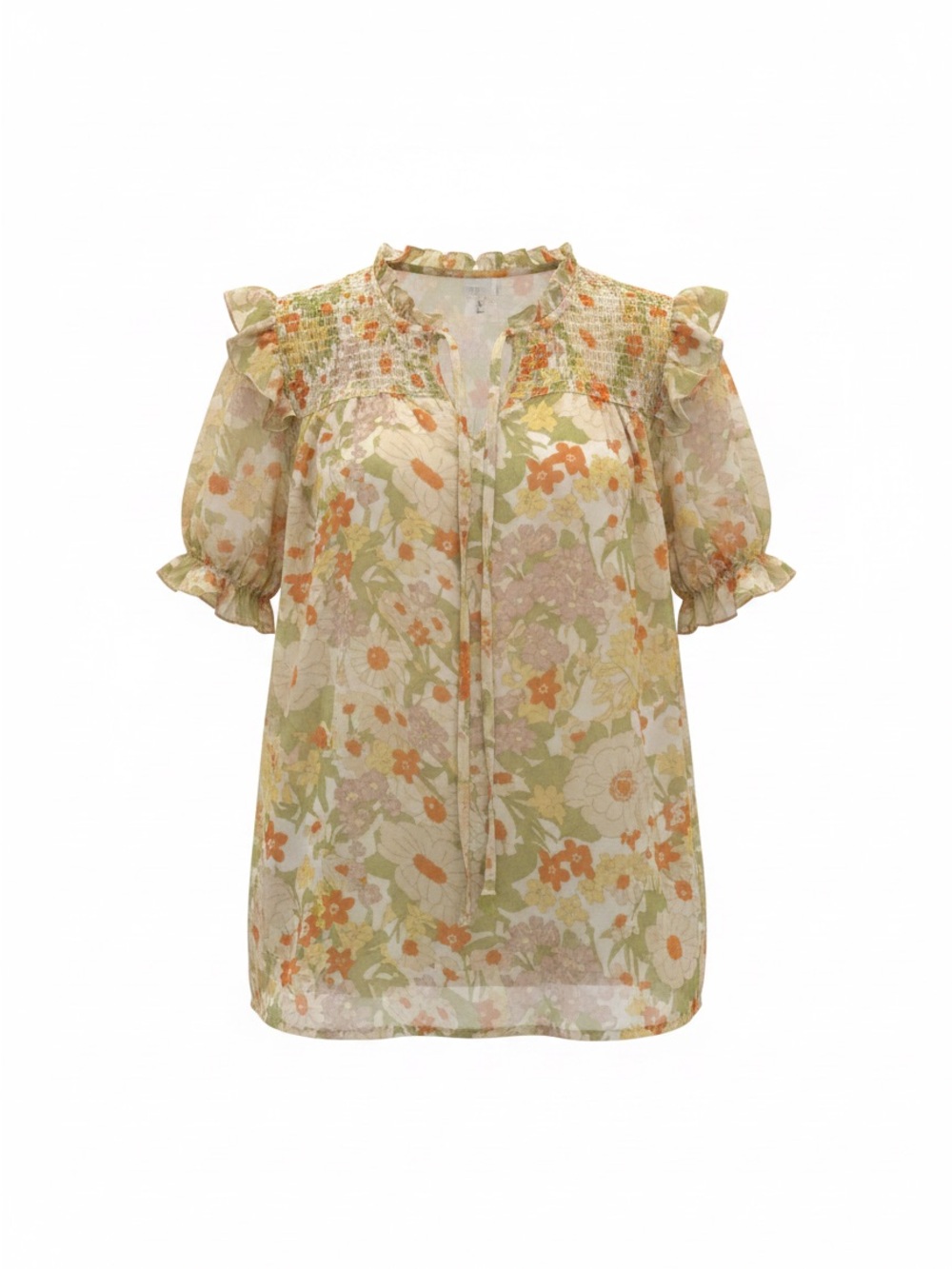 Umgee Green and Orange Floral Smocked Yoke Blouse